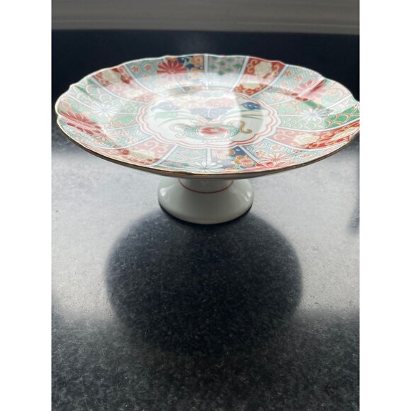 Vtg Late 20th Century 10" Arita Imari Fan Pattern Cake Stand Porcelain Gold - Picture 2 of 7